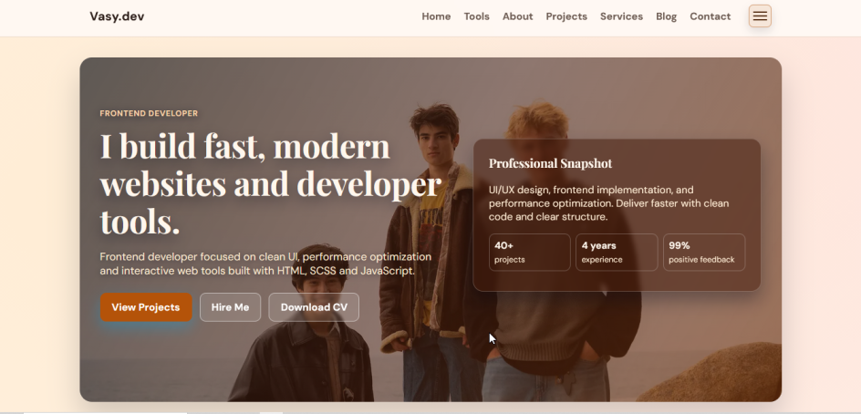 Vasy.dev developer tools website screenshot with project cards and CSS tools